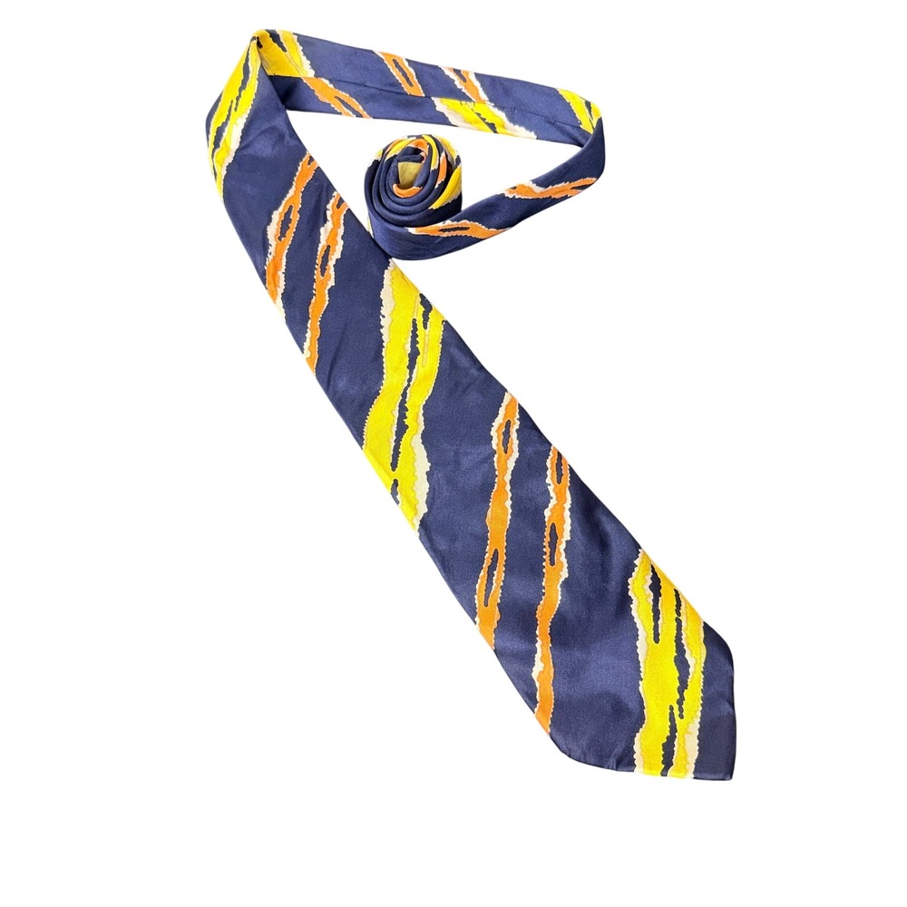 Pierre Balmain Silk Tie Mens OS Navy Yellow Orange Abstract Wavy Stripe Italy